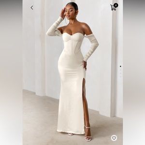 Club L London - My Prize Cream Satin Bardot Mesh Long Sleeve Maxi Dress